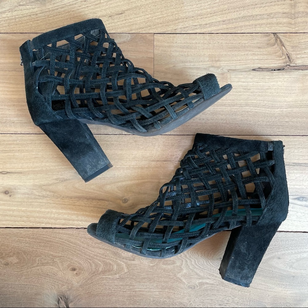 Jeffrey Campbell: Black Suede Peep Toe Fish Net Heel